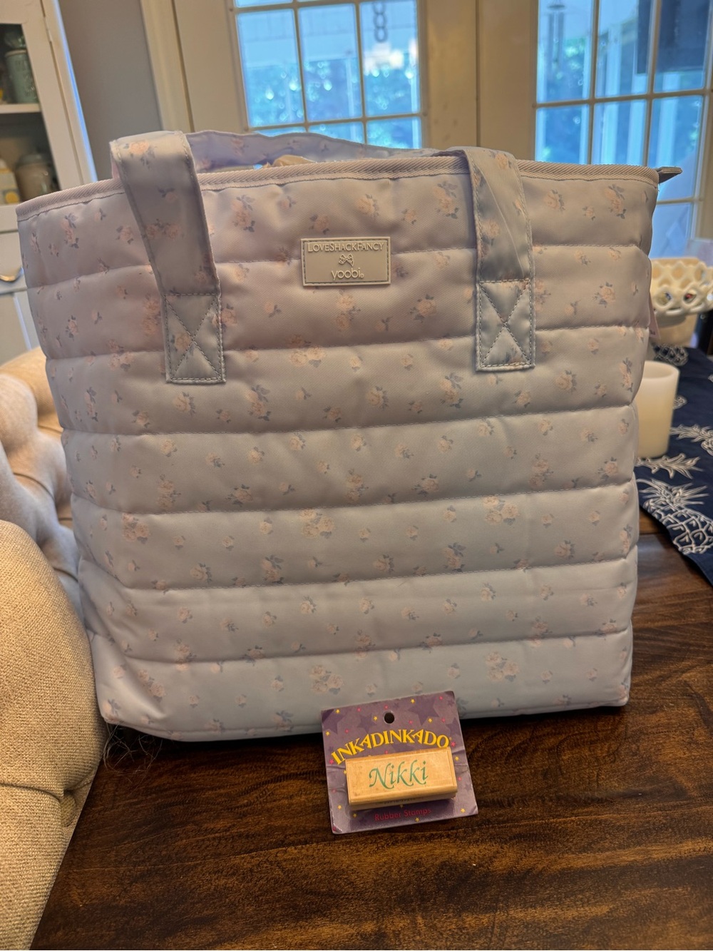 Yoobi Everblooming Rosettes Ditsy Quilted Tote Bag Breezy Blue